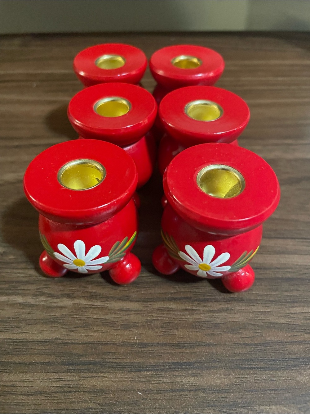 Vintage Swedish Hand-Painted Red Daisy Wooden Candle Holders - Set of 6